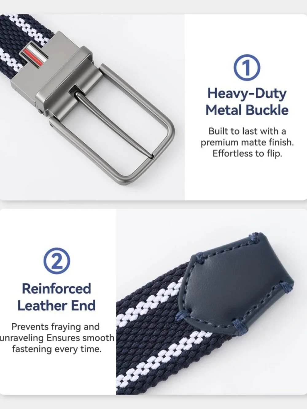 Reversible 2-in-1 Stretch Braided Golf Belt for Men, Holeless Elastic Web, 1.3